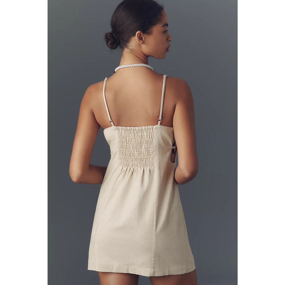 NWT By Anthropologie Smocked Linen Blend Mini Dress $148 LARGE Tan - Picture 4 of 5
